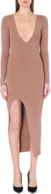 SELF-PORTRAIT Plunging ribbed-knit dress (Camel