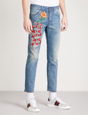 GUCCI - Snake-embroidered straight cropped jeans | Selfridges.com