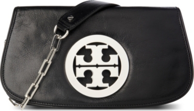 TORY BURCH Leather logo clutch with chain (Black/silver