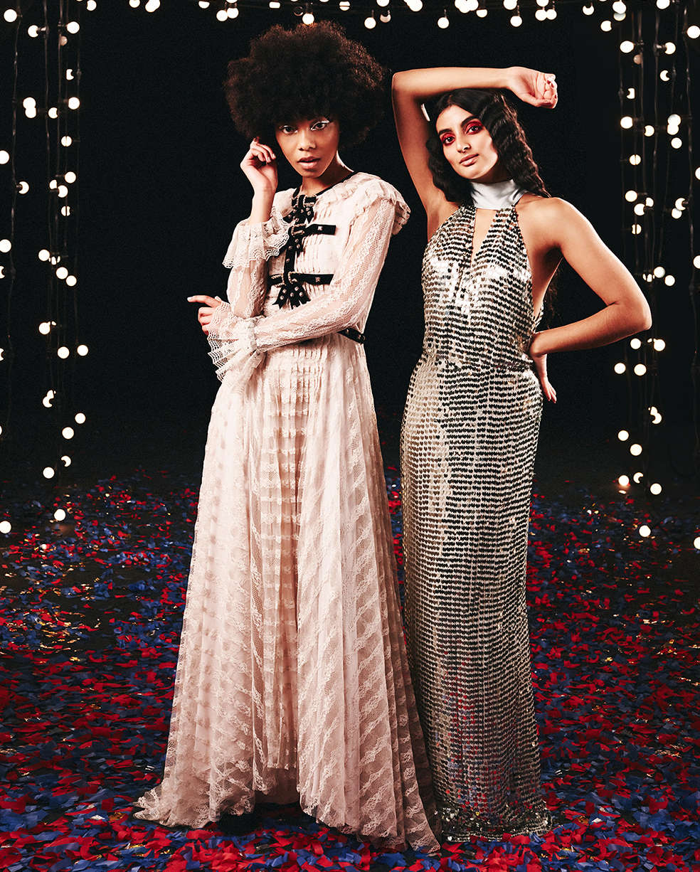 Two women wearing gowns from Philosophy and Temperley London