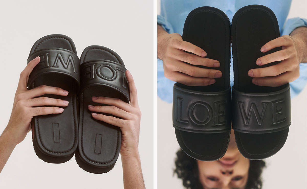 Two images of a man holding Loewe pool sliders