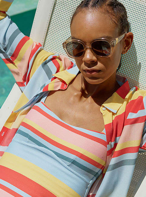 Asceno – swimsuit and shirtdress / Le Specs – sunglasses