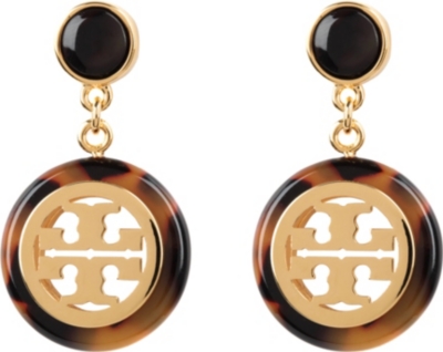 TORY BURCH Logo 16ct gold-plated drop earrings