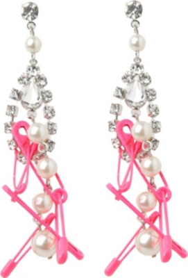 TOM BINNS Pearl, crystal and safety pin drop earrings
