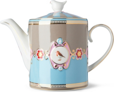 LOVE BIRDS Love birds teapot blue&frasl;khaki medallion