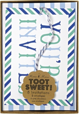 MERI MERI Toot Sweet pack of eight blue invitations