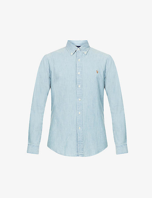 POLO RALPH LAUREN: Long-sleeved button-down slim-fit cotton chambray shirt