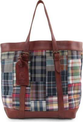RALPH LAUREN Cotton Madras and Leather tote