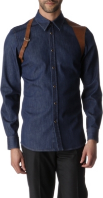 ALEXANDER MCQUEEN Leather harness single cuff denim shirt
