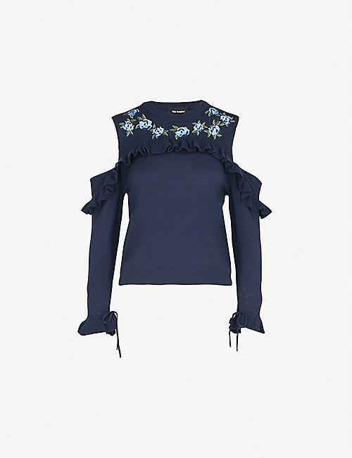 THE KOOPLES: Rose-embroidered cold-shoulder wool jumper