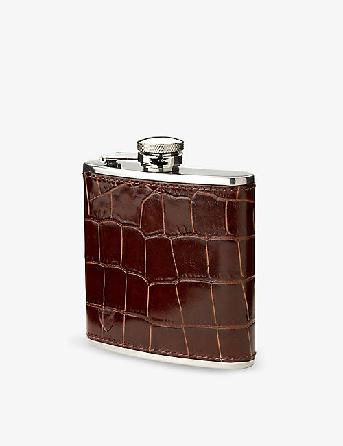 ASPINAL OF LONDON: Classic stainless-steel and leather hip flask