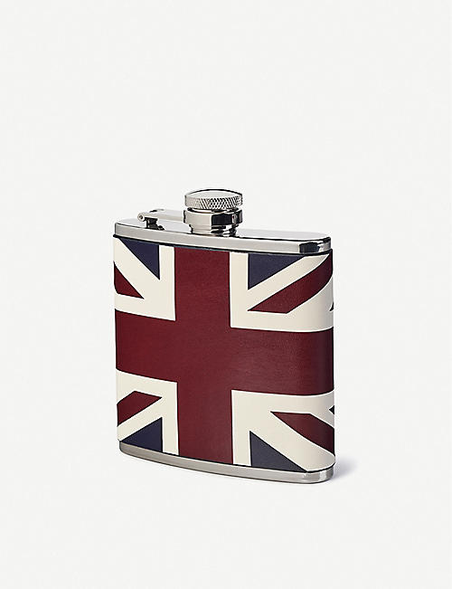 ASPINAL OF LONDON: Classic Union Jack leather and stainless-steel hip flask