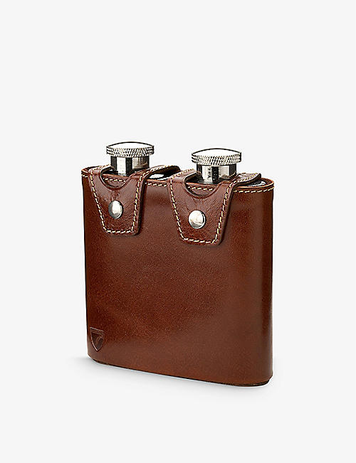 ASPINAL OF LONDON: Double stainless-steel and leather hip flask