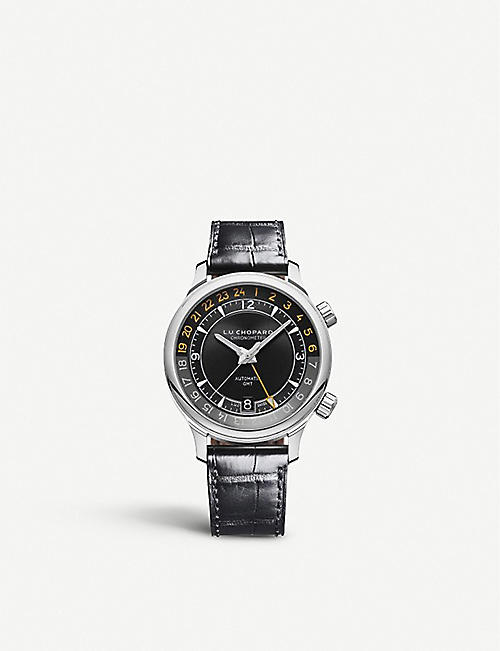 CHOPARD: L.U.C GMT One stainless steel and alligator-embossed leather watch