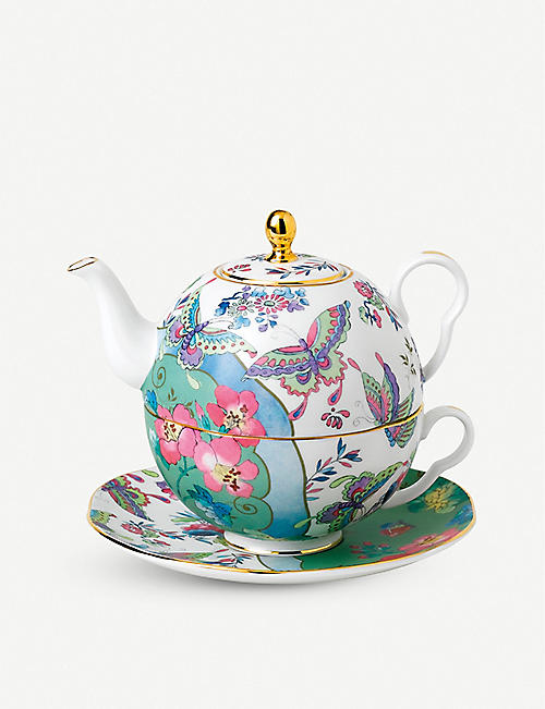 WEDGWOOD: Butterfly Bloom 24ct yellow-gold and china teapot for one 940ml