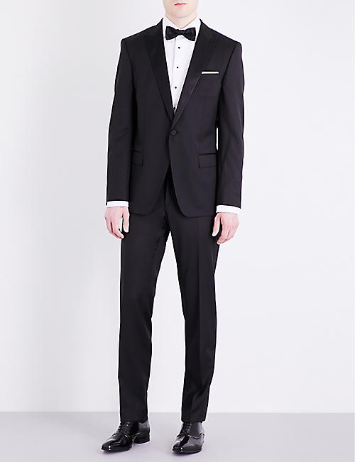 BOSS: Silk-detail peak-lapel slim-fit wool tuxedo