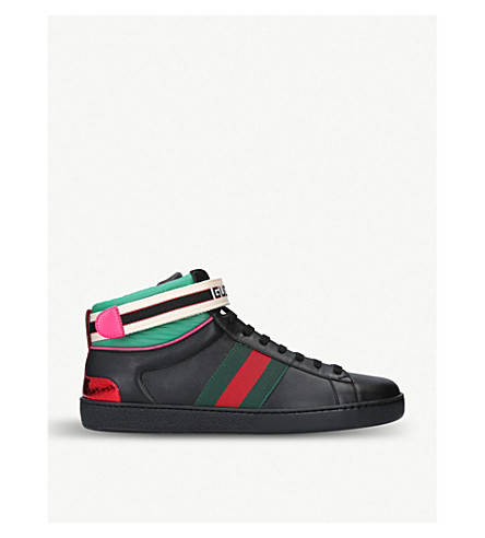 GUCCI - New Ace metallic-trimmed leather high-top trainers | 0