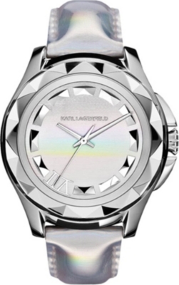 KARL LAGERFELD WATCHES KL1012 round holographic stainless steel and leather watch