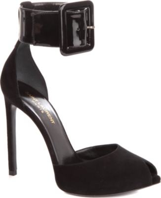 SAINT LAURENT Paris suede and patent peep-toe sandals