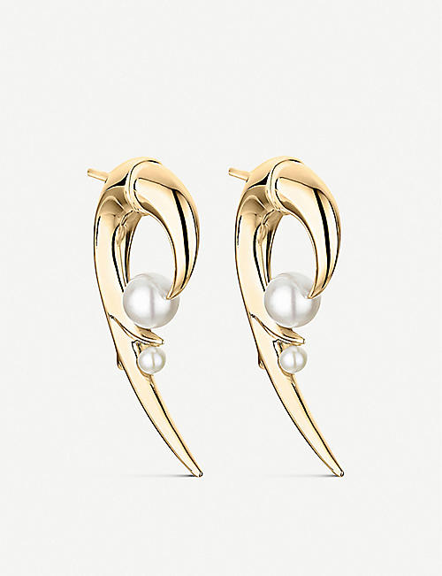 SHAUN LEANE: Cherry Blossom Hook pearl and yellow-gold vermeil earrings