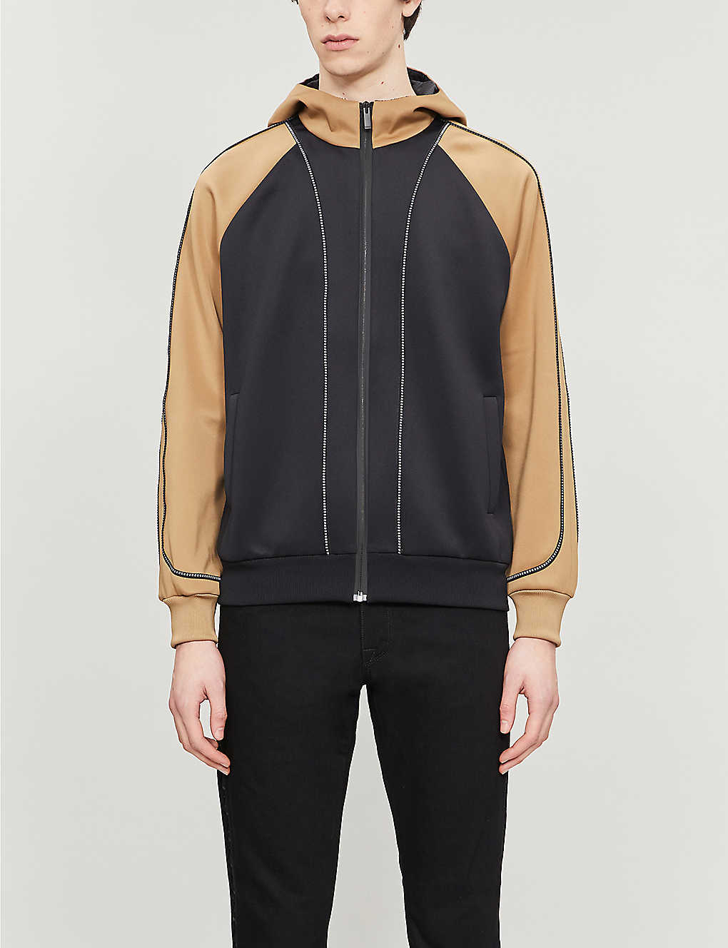 Funnel-neck contrast-sleeve stretch-jersey hoody(8549236)