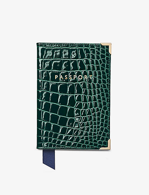 ASPINAL OF LONDON: Plain crocodile-embossed leather passport cover