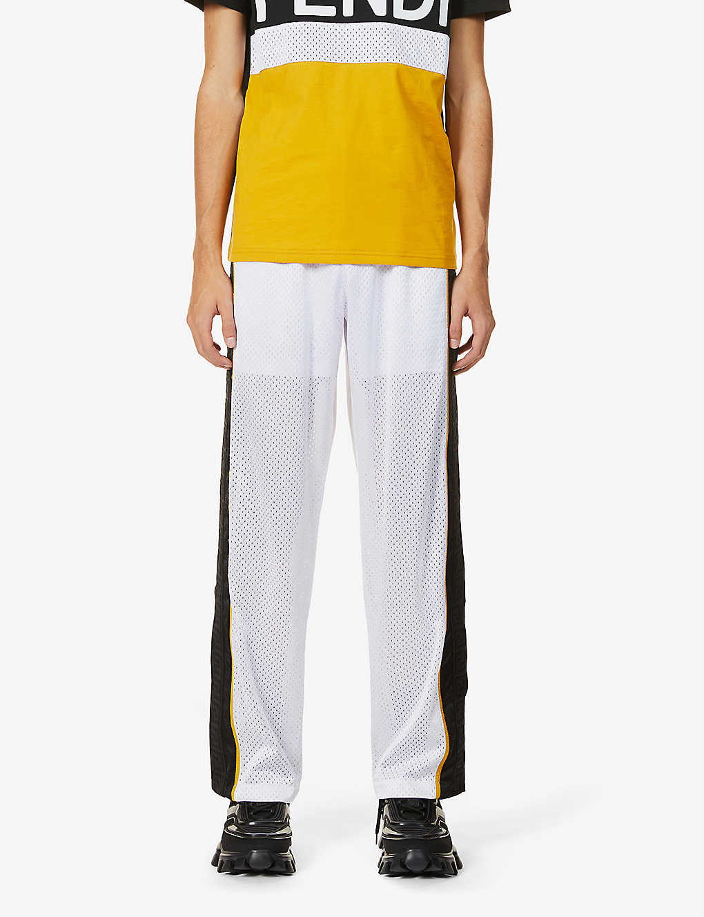 Colour-blocked straight mesh trousers(8860906)