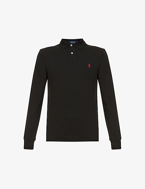 POLO RALPH LAUREN: Long-sleeved logo-embroidered slim-fit cotton-piqué polo shirt