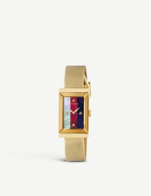 GUCCI: YA147410 G-Frame yellow gold-plated PVD and mother-of-pearl quartz watch