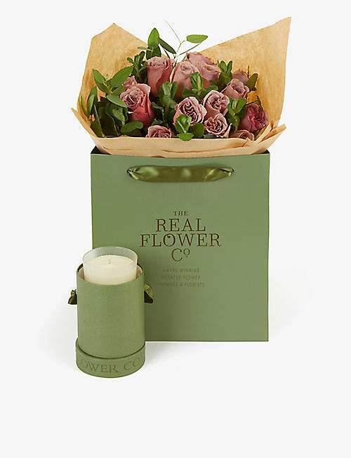 THE REAL FLOWER COMPANY: Simply Caffe Latte Roses small bouquet with scented candle