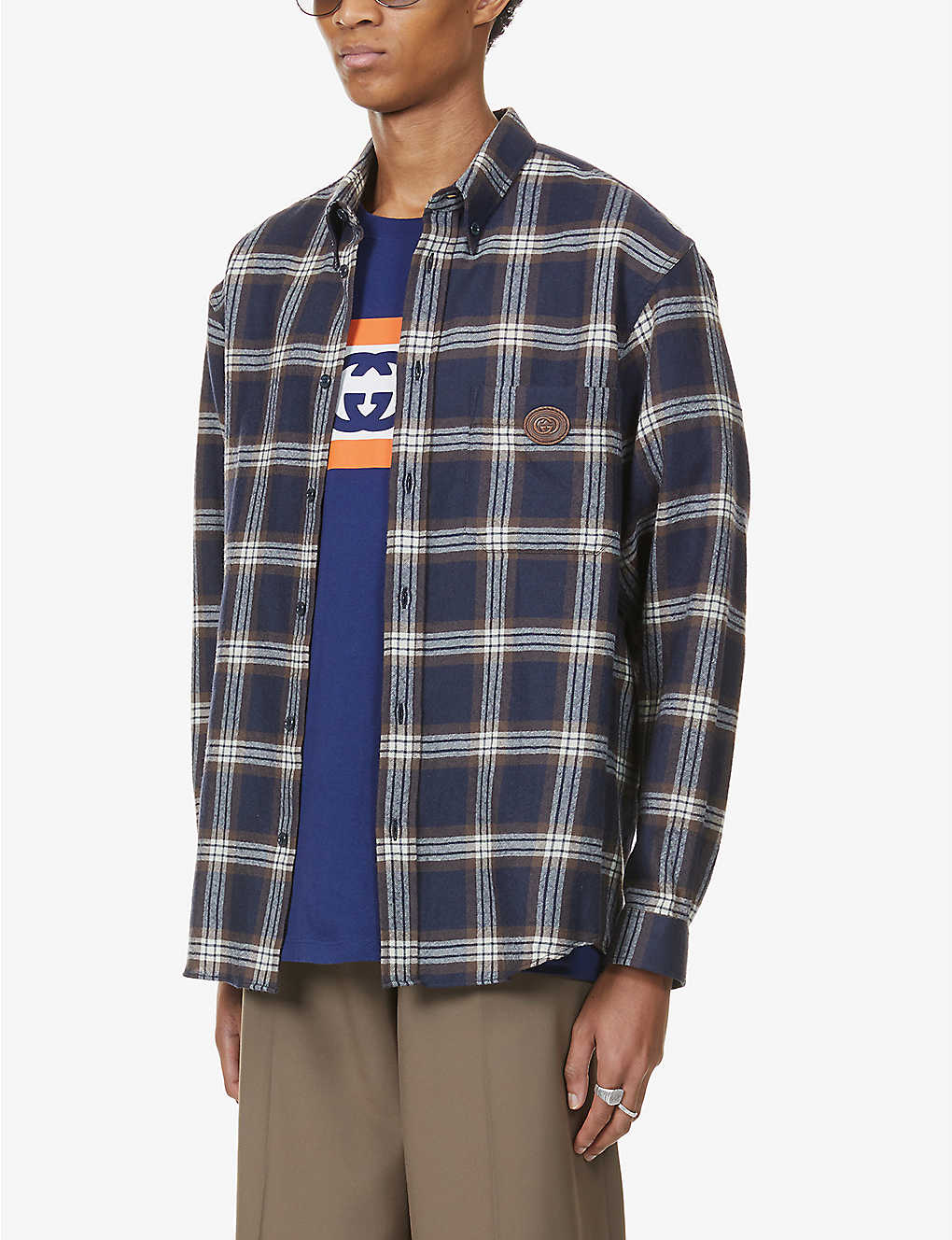 Checked brand-patch wool-flannel shirt(9040083)