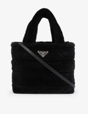 Logo-plaque leather and shearling tote bag(9212431)