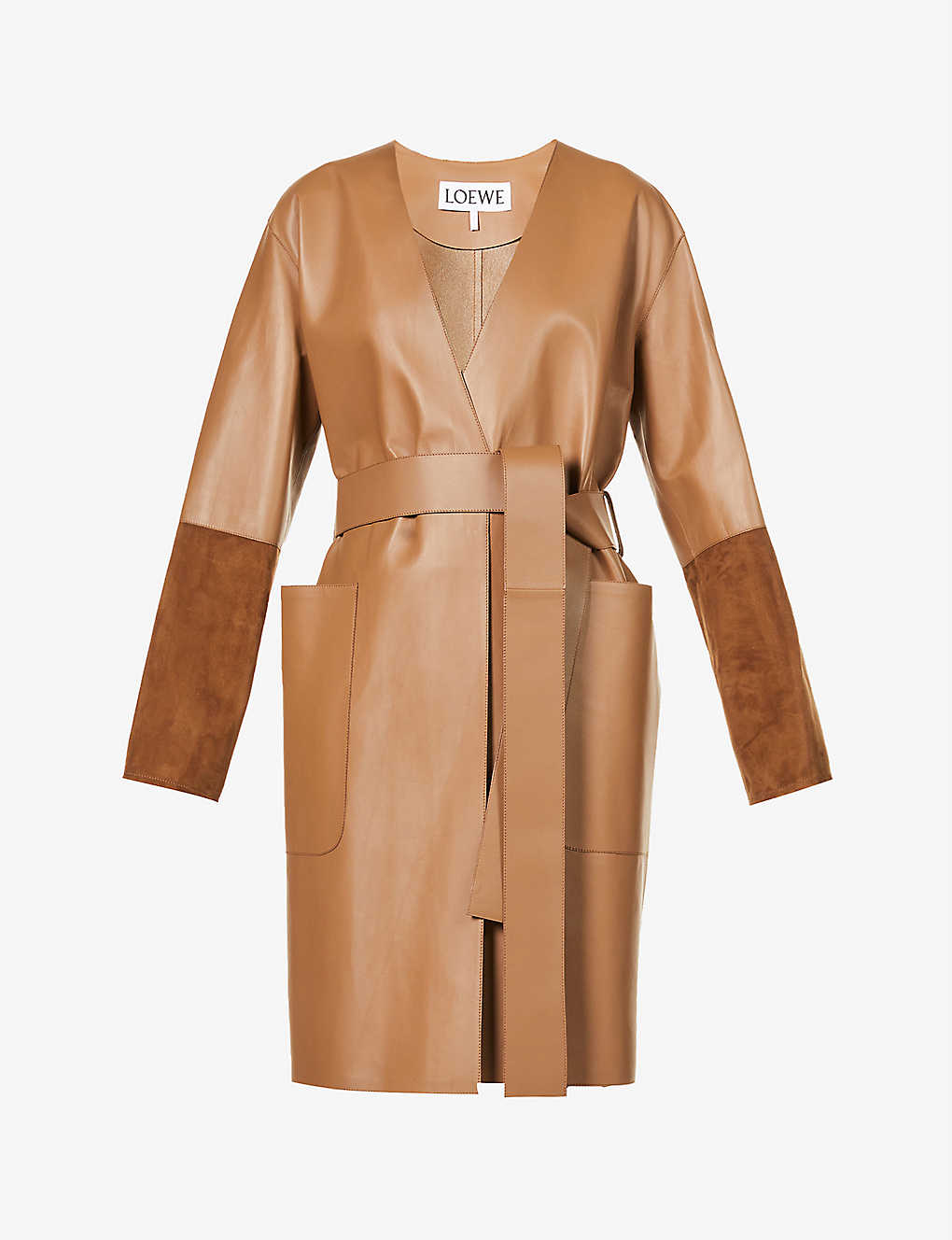 Contrast-cuff belted leather coat(9127474)