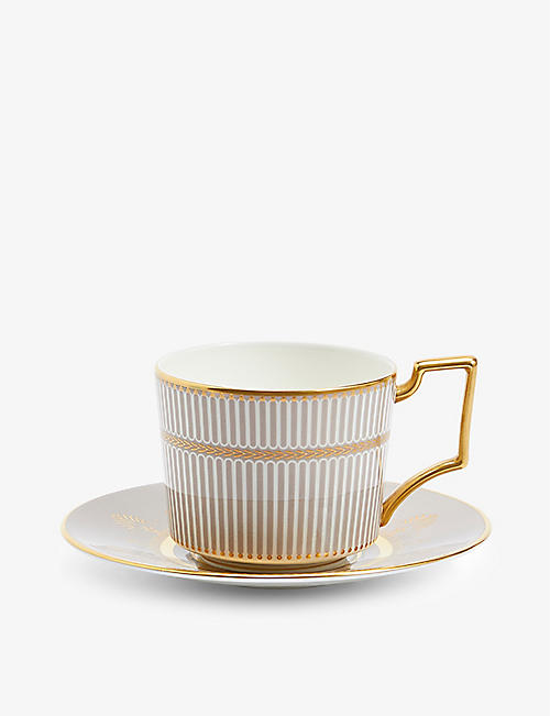 WEDGWOOD: Anthemion grey-rim bone-china tea cup and saucer 15cm