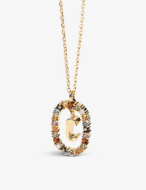 PDPAOLA: Initial C 18ct yellow gold-plated sterling-silver and semi-precious stones pendant necklace
