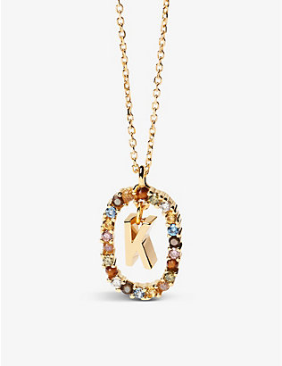 PDPAOLA: Initial K 18ct yellow gold-plated sterling-silver and semi-precious stones pendant necklace