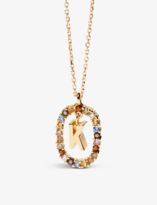 PDPAOLA: Initial K 18ct yellow gold-plated sterling-silver and semi-precious stones pendant necklace