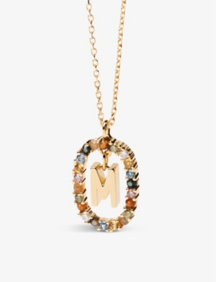 PDPAOLA: Initial M 18ct yellow gold-plated sterling-silver and semi-precious stones pendant necklace