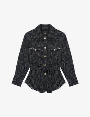 Belted tweed organic cotton-blend jacket(9349624)