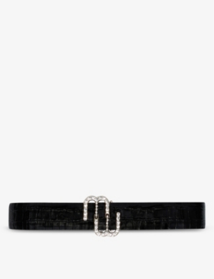 Logo and embellished-buckle croc-embossed leather belt(9405510)