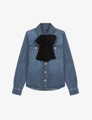 Candy velvet-bow organic-cotton denim shirt(9407913)