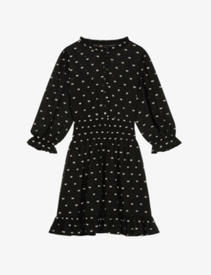 Bow-print frill-hem pleated crepe mini dress(9430270)