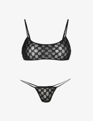 Logo-embroidered stretch-mesh lingerie set(9401499)