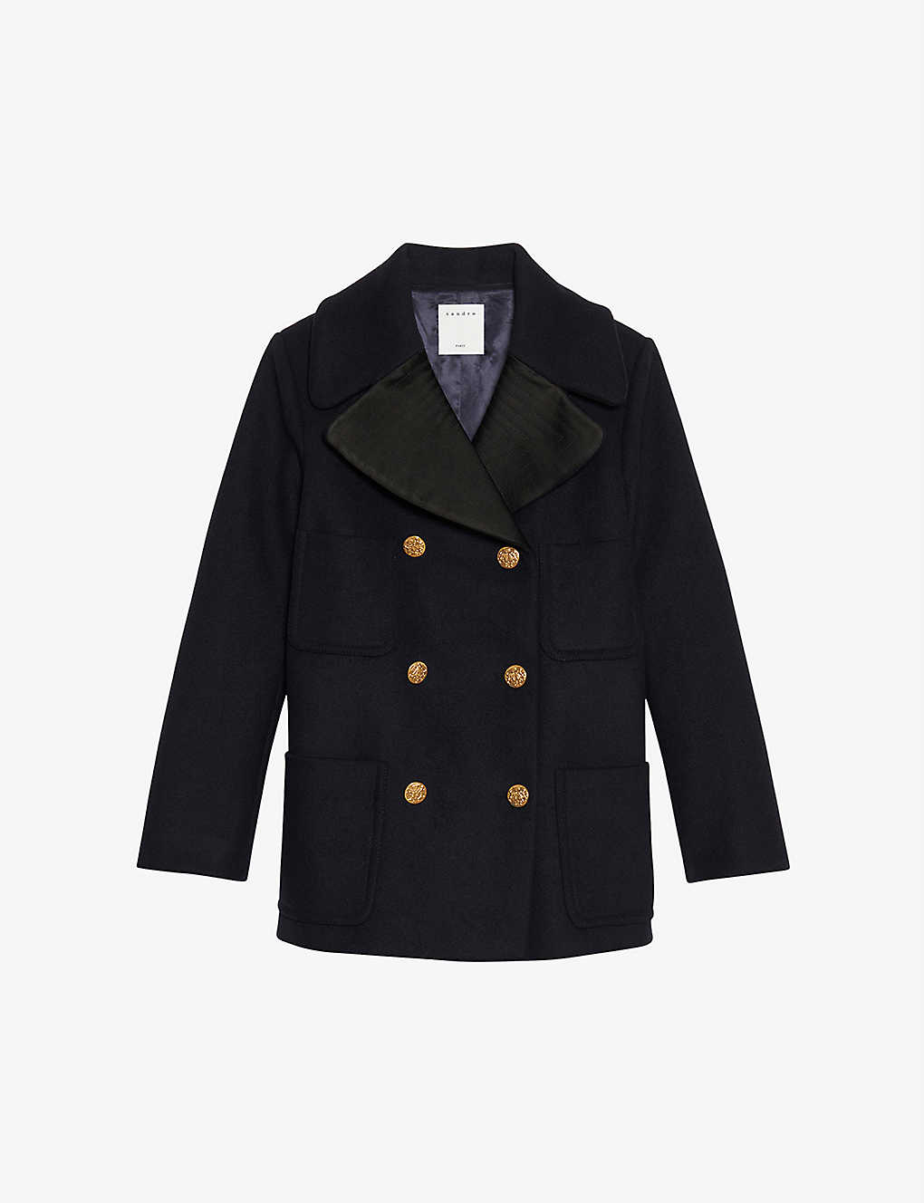 Contrast-collar double-breasted wool-blend coat(9424427)