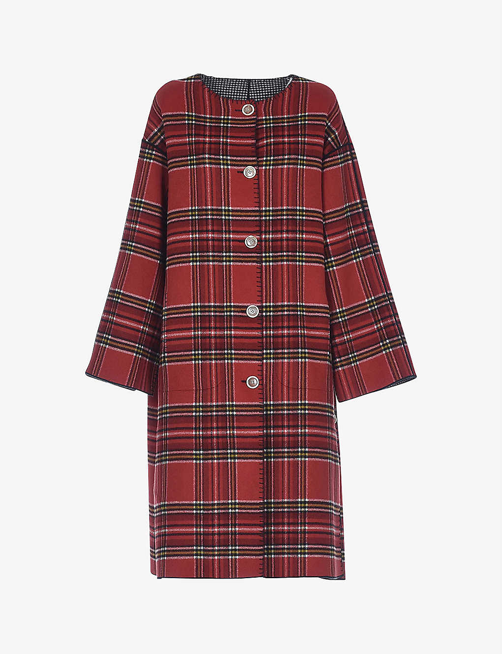 Tartan and houndstooth-print reversible wool-blend coat(9402594)