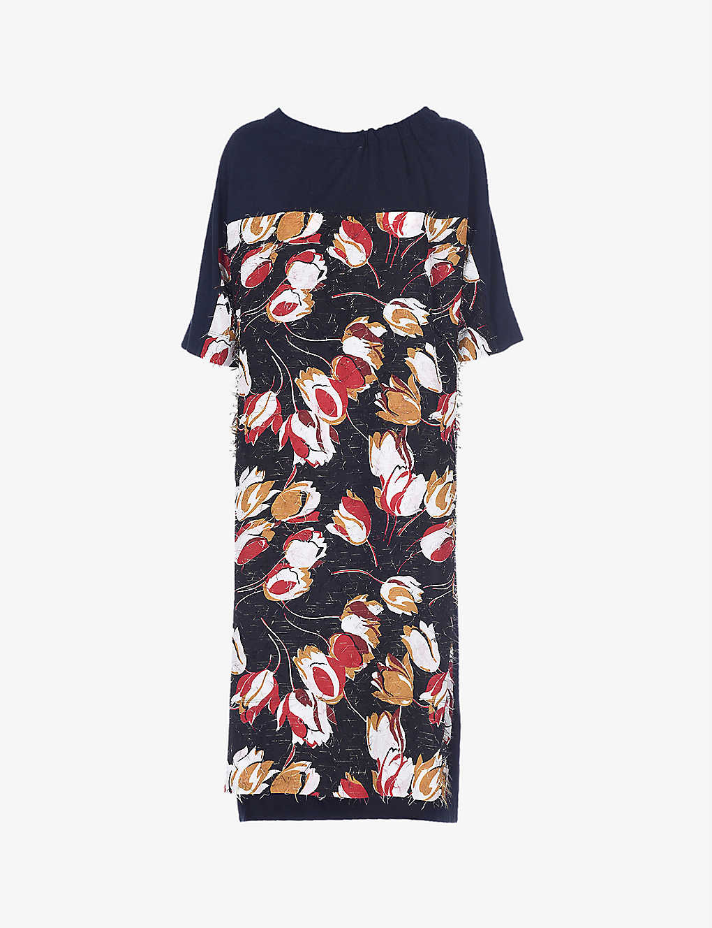 Floral-print frayed-hem cotton-knit midi dress(9402587)
