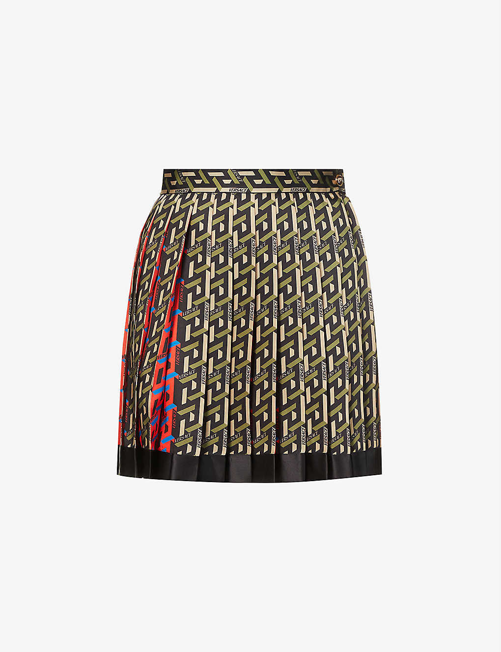 La Greca-print pleated satin mini skirt(9391313)