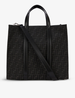 Branded jacquard canvas and leather shopping tote bag(9443651)