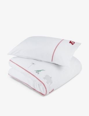 THE LITTLE WHITE COMPANY: London Animal bus-embroidered organic-cotton single-bed set
