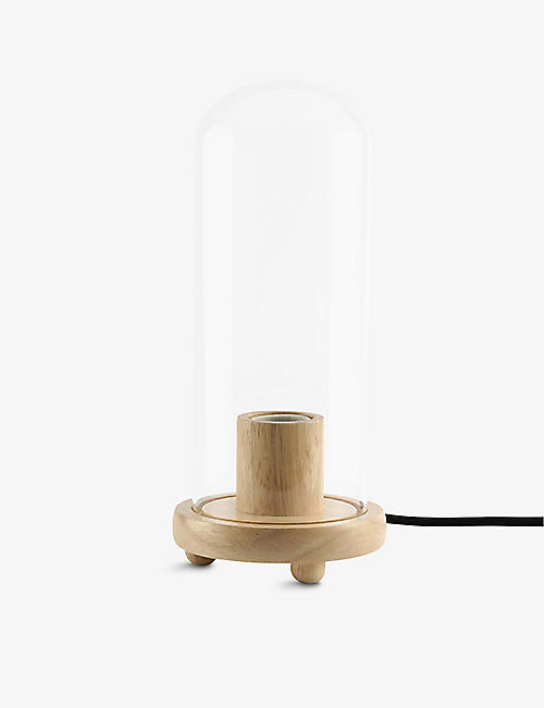 THE TECH BAR: Wooden lamp stand with domed glass cover